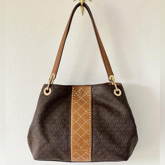 Michael Kors Brown Signature Coated Canvas Raven Large Studded Tote Bag - Picture 8 of 16